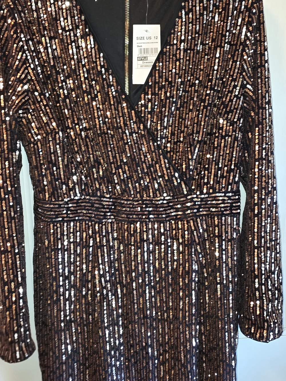 NWT Quiz Black with Rose Gold Sequins Wrap-Front Long Sleeve Dress SZ 12